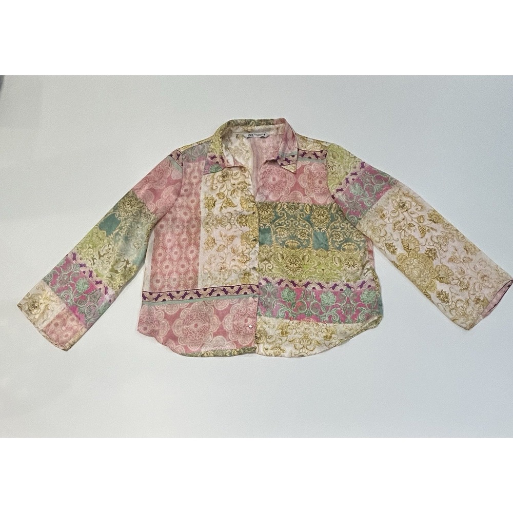 Pastel Patchwork Button Up Blouse Vintage Vibes Cottagecore Womens Zara Size XXL